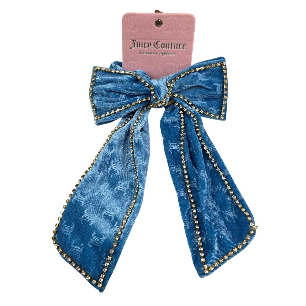 Juicy Couture Hair Bow One Size‎ Blue New Velvet Rhinestone Monogram Scrunchie